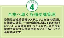 �|�C���g4�@���i�֓����e���u�Ǘ��@��u�y�ѐ��ъǗ��V�X�e���ł����g�̎�u�����u�`�̊m�F�A�ꕔ�̍u���Ɋւ��Ă͕t������e�X�g�̐��ъǗ����s���邽�߁A�K�n�x�̊m�F�╜�K����ۂ֗̕��ȃV�X�e���Ƃ��Ă����p�����܂��B